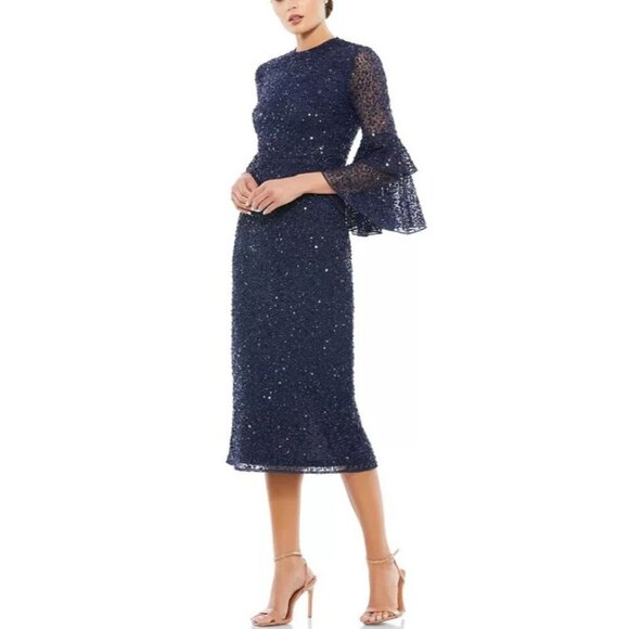 Mac Duggal Sequined 3/4 Bell Sleeve Navy Blue Midi Formal Evening Dress Size 12